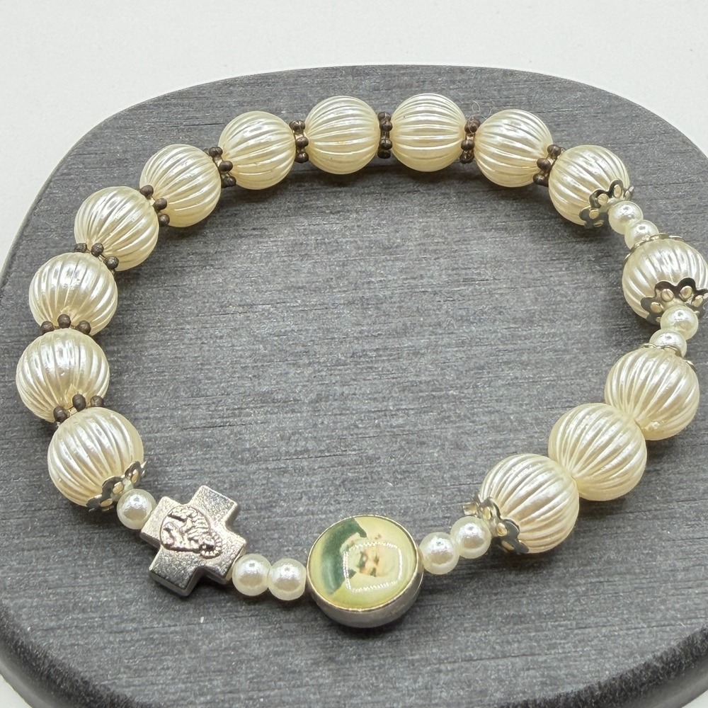 Catholic Devotional Cross Portrait Cream Faux Pearl Stretch Bracelet Religious